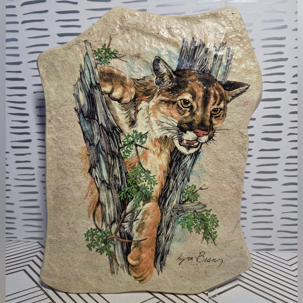 Vintage Lynn Bean Cougar Lithograph on Ceramic Stone Signed Wall Hanger Built-in
